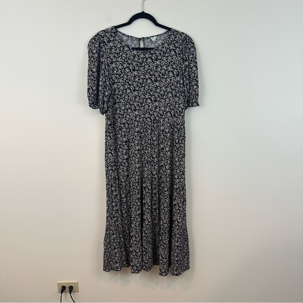 Aerie Floral Black and White Midi Dress Tiered Skirt Size Large Women's